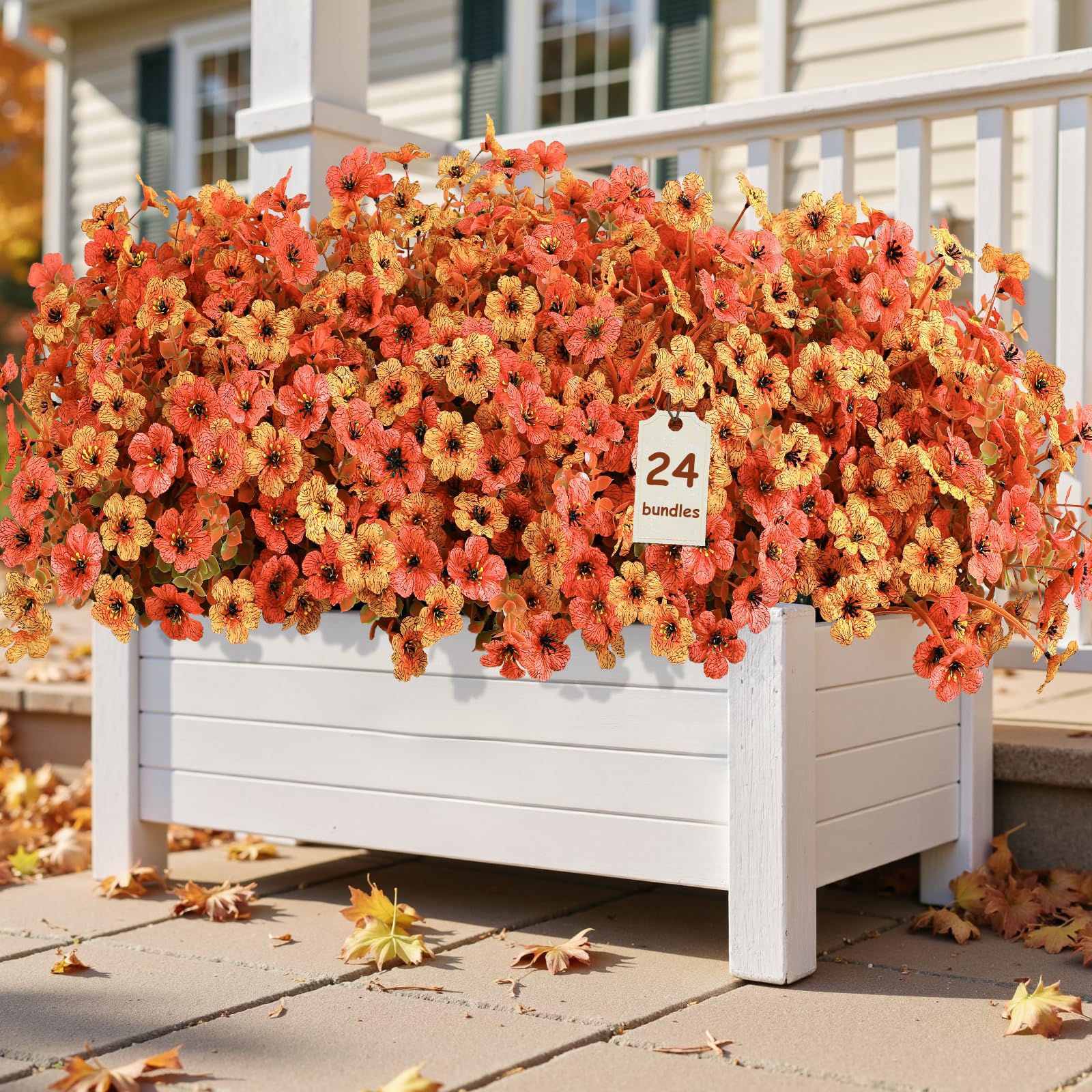 Photo 1 of Alupssuc 24 Bundles Artificial Fall Mums Flowers for Outdoors Decoration, UV Resistant Silk Violet and Faux Eucalyptus Autumn Fake Plants for Outside Indoor Yard Home Patio Porch Decor, Orange and Red