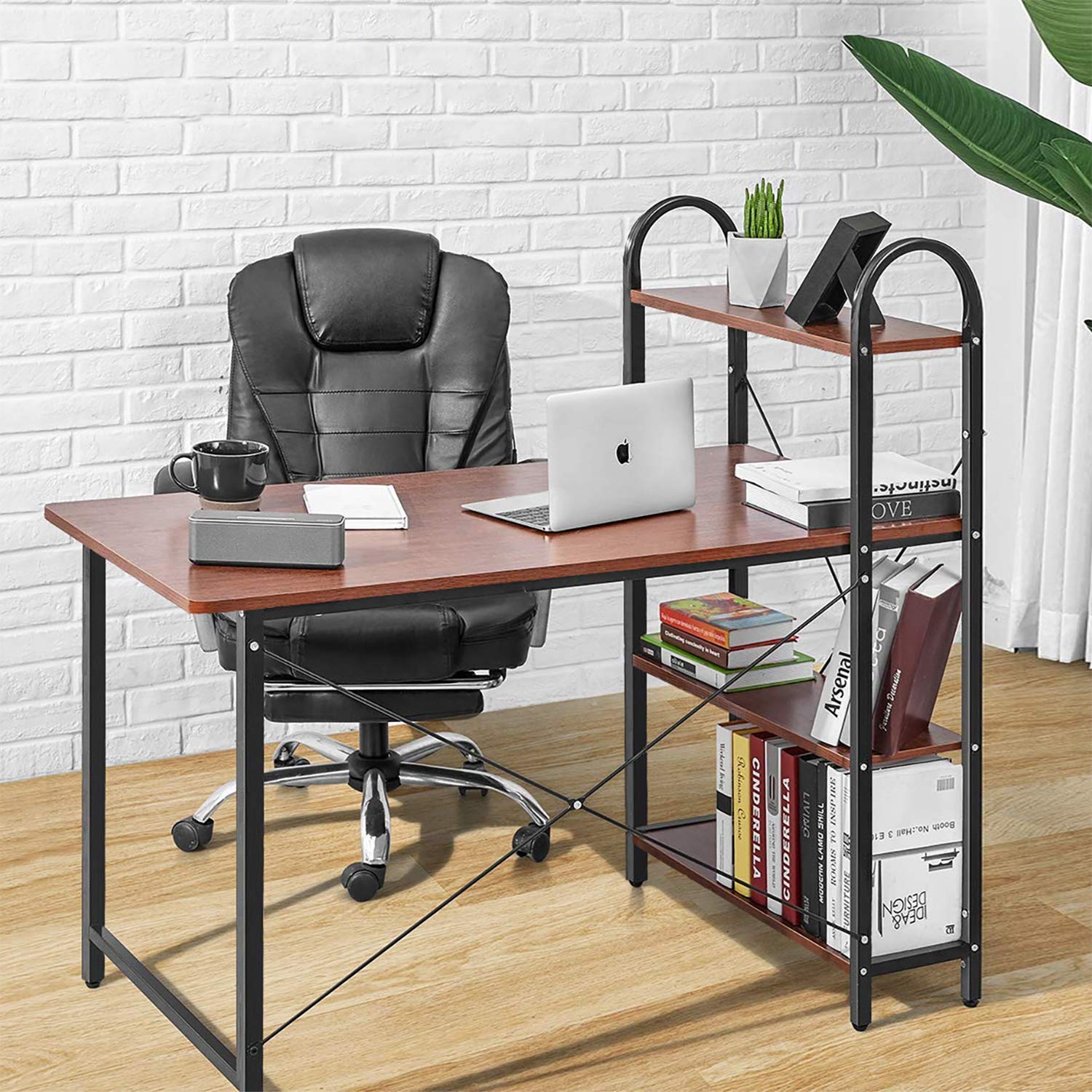 Home Office Desk With 4 Tier Bookshelf 45 Tall Aoou Computer Writing Desk With Rack Storage Tall Computer Desk With Storage