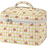 MYSMOR Large Quilted Makeup Bag for Women Yellow Gingham Cosmetic Case with Bow Pattern Travel Make Up Organizer Toiletry Aesthetic Vanity Storage