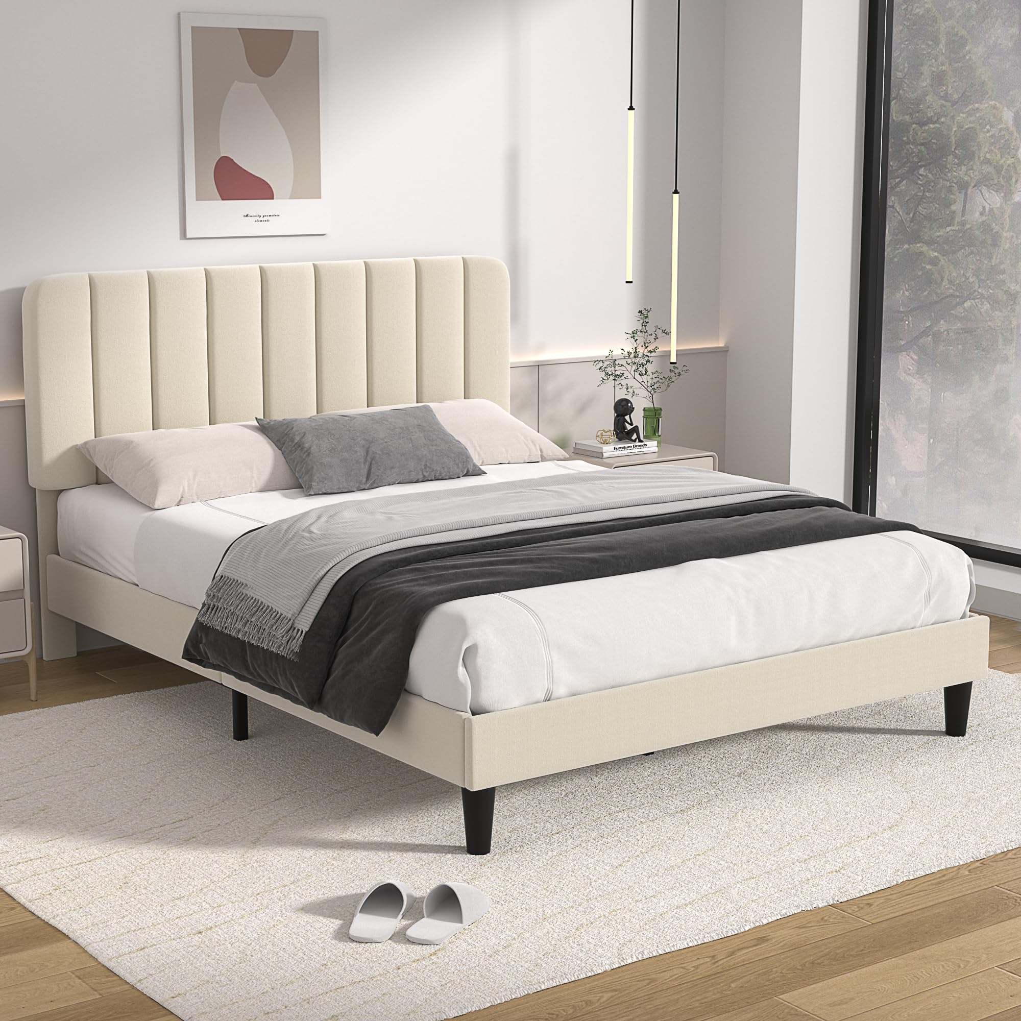 VECELO Queen Size Upholstered Bed Frame with 4 Drawers and Adjustable ...