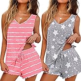 Ekouaer 2 Pack Pajamas for Women Set Tank Top and Shorts Pjs Soft Sleeveless Sleepwear Summer Loungewear,S-XXL