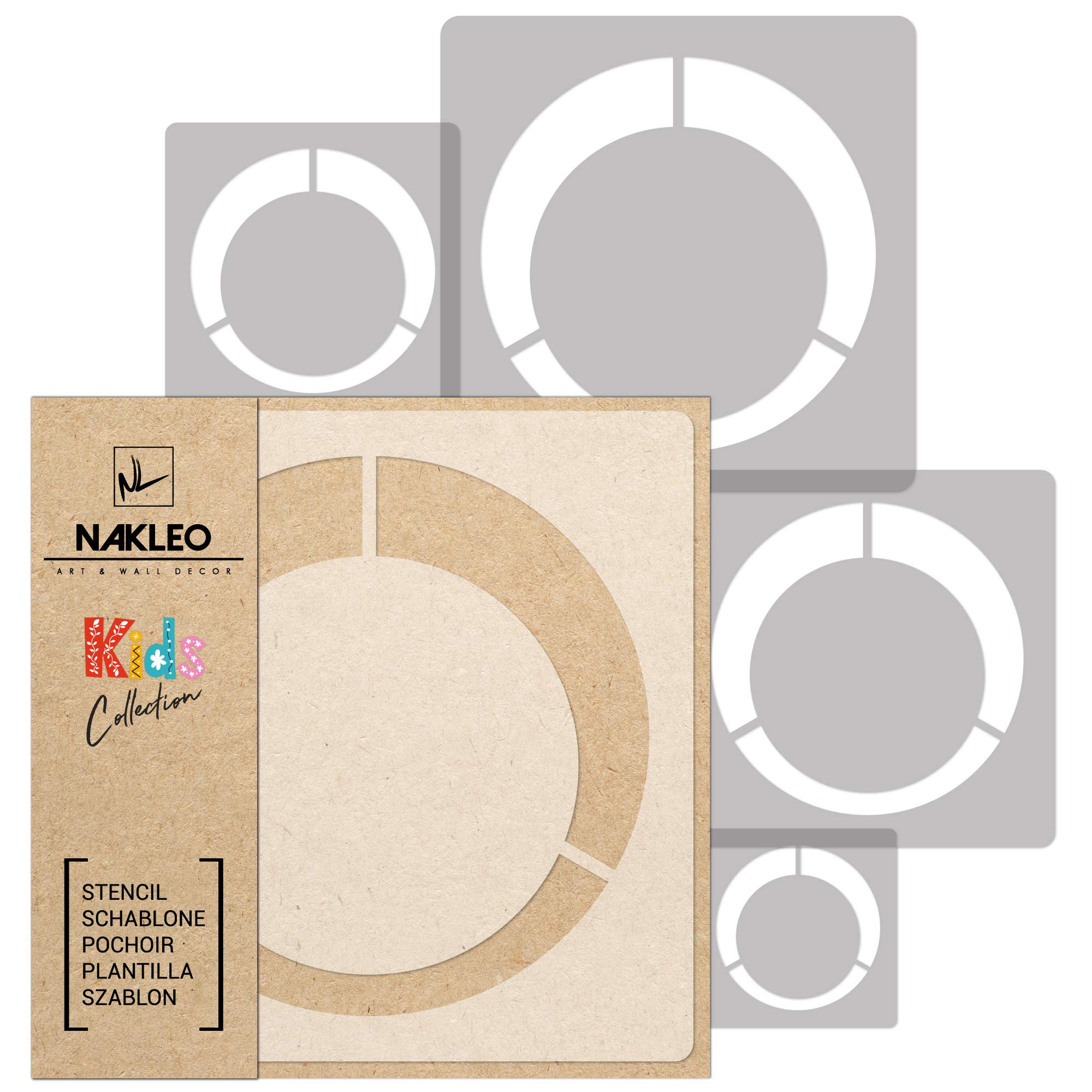 NAKLEO Painting Stencils Set for Nursery Room, 5 Pcs Templates 9x9 to 34x34cm Circle Dot Geometric, Plastic and Reusable Drawing Stencils, Decor, Craft DIY Wall Furniture