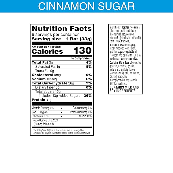RICE KRISPIES TREATS HOMESTYLE MARSHMALLOW SNACK BARS, KIDS SNACKS, LUNCH SNACKS, CINNAMON SUGAR FLAVOR, 6.98OZ BOX (6 BARS)