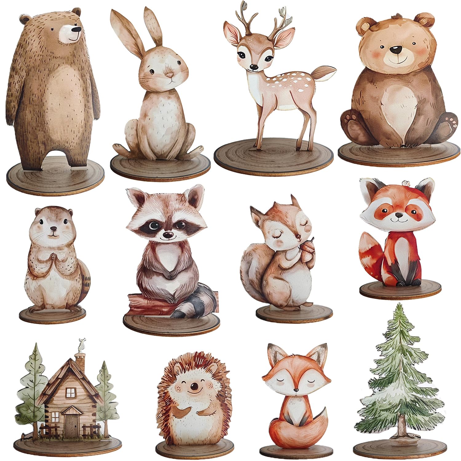 Photo 1 of 12Pcs Woodland Animal Figurines and Wooden Table Signs Enchanted Forest Decor Rustic Tiered Tray Centerpieces for Baby Shower Birthday Camp Party Supplies Cake and Tabletop Decoration (Forest Animal)