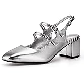 Viloporlor Mary Jane Shoes Slingback Chunky Heels for Women Closed Toe Double Strap Block Heel Pumps Retro Square Dress Shoes for Daily Party