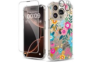 ilnehc for iPhone 16 Pro Max Case,[3 in 1] with Screen Protector & Camera Lens Protector, Flower Pattern Design,Clear Soft Shockproof Slim Floral Phone Cover for Women Girls 2024 6.9"
