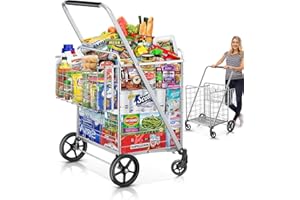 WINKEEP Shopping Cart, 460 lbs Upgrade Super Capacity Grocery Cart Extra Jumbo Double Basket Folding Shopping Cart with 360° Rolling Swivel Wheels Utility Shopping Cart for Laundry, Grocery, Shopping, Baggage