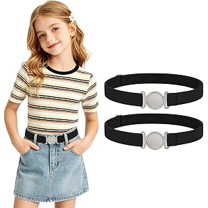WHIPPY 2 Pcs Kids Magnetic Belts Adjustable Elastic Belt for Boys Girls Toddler Belt Silver Metal Round Buckle for Pants