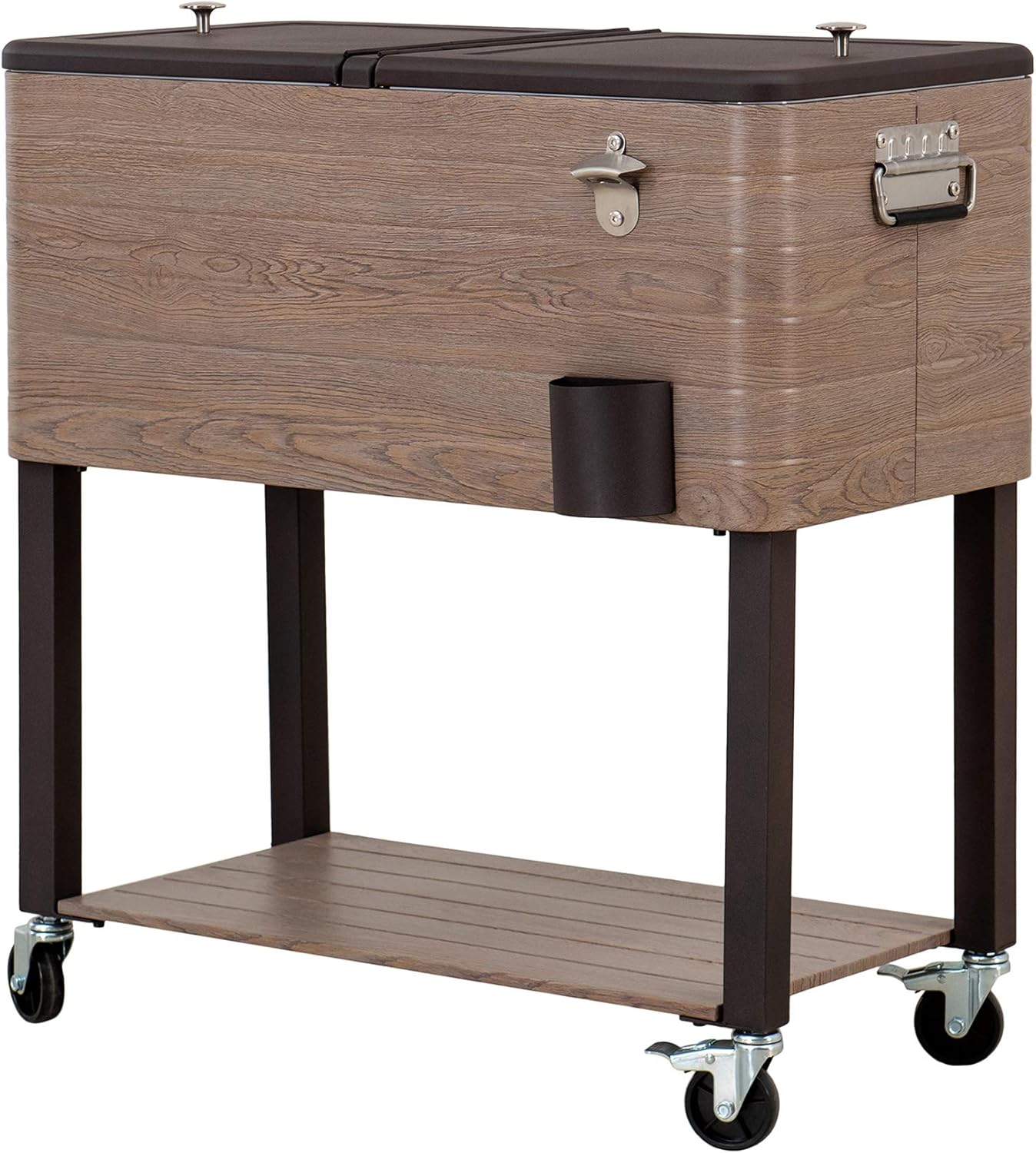 Sunjoy Gateway Collection 80 Quart Rolling Ice Chest Portable Patio Party Drink Cooler Cart, Brown