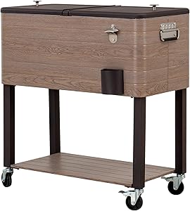 Sunjoy Gateway Collection 80 Quart Rolling Ice Chest Portable Patio Party Drink Cooler Cart, Brown
