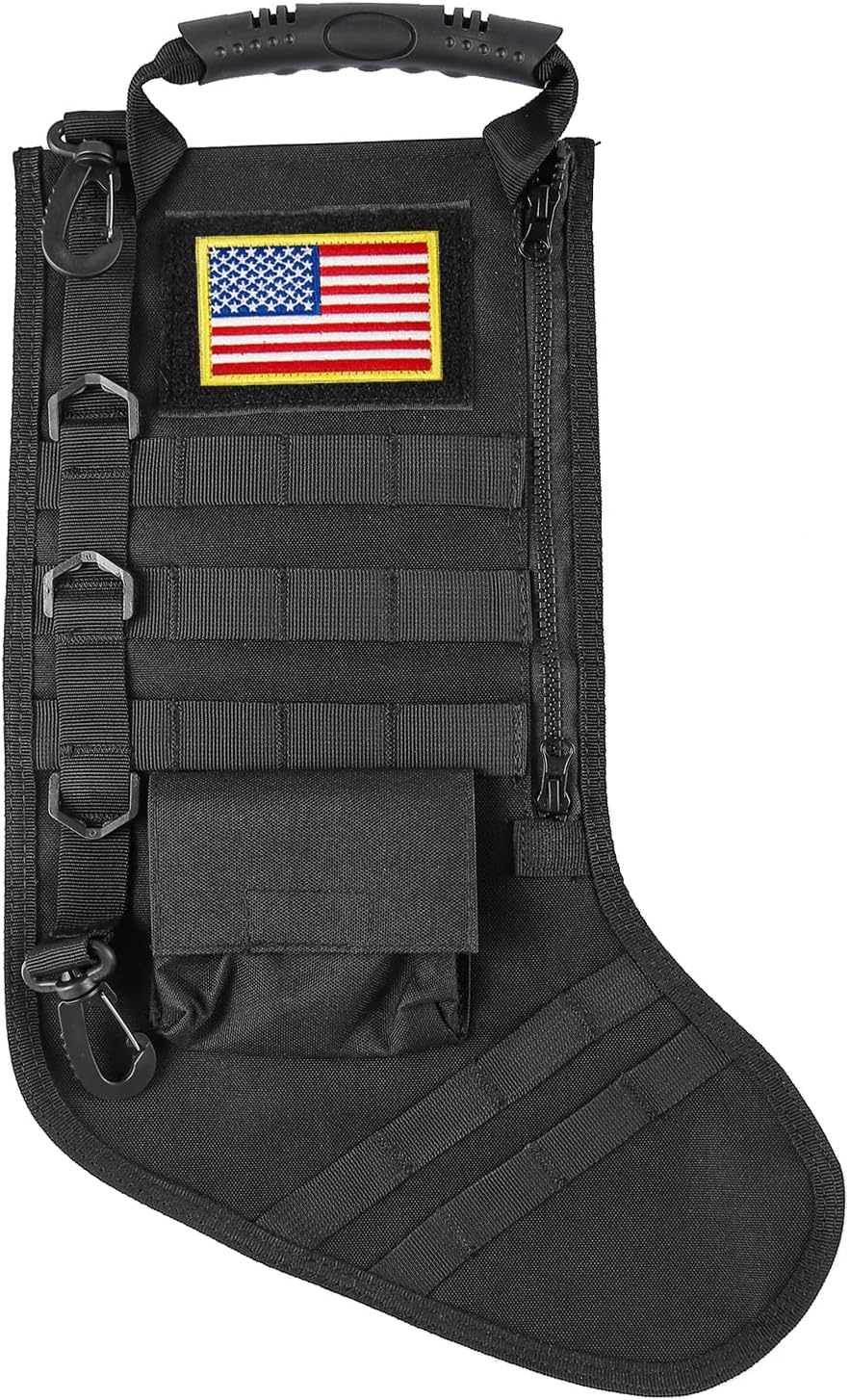 Stockings & Holders - Tactical Stocking W/Handle, Perfect Mantel Decoration, Decor for Military Saves Month, Gift for Veterans, Patriotic and Outdoorsy People (Black)