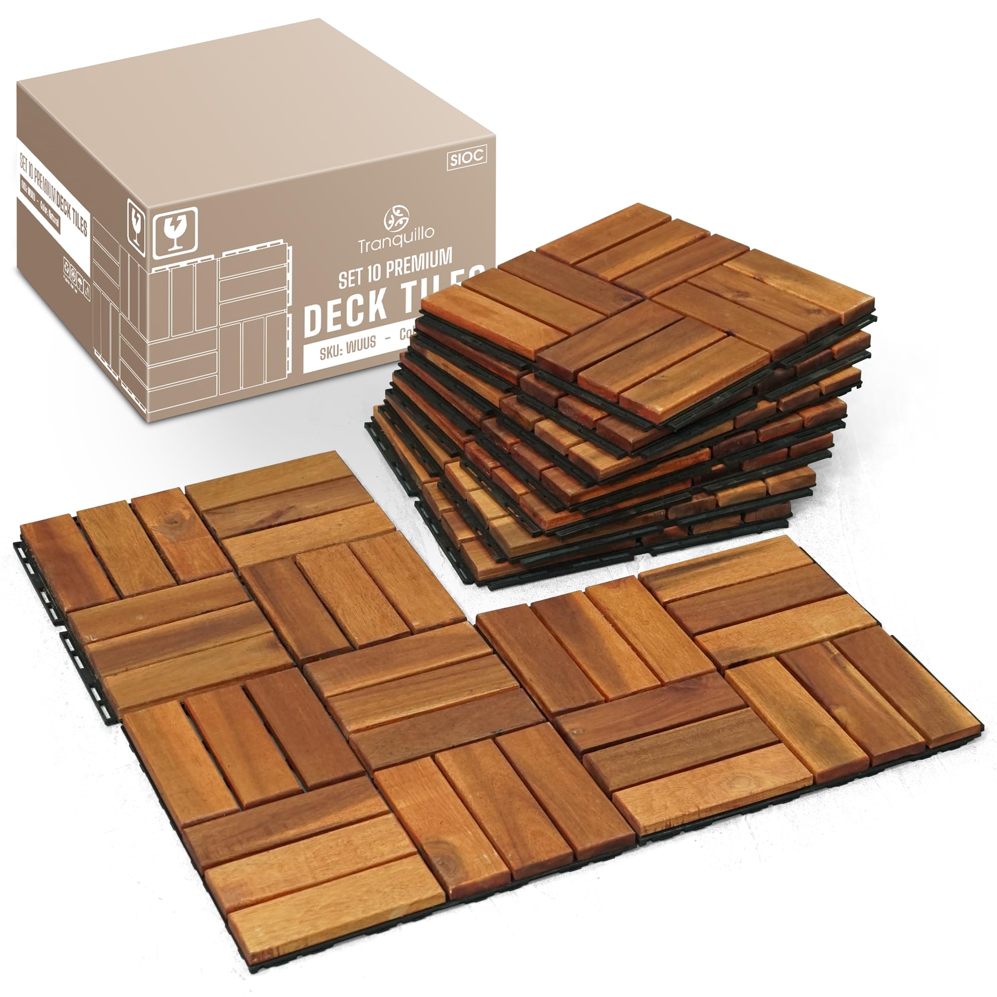 Photo 1 of Tranquillo 10 Pcs Interlocking Deck Tiles 12”x12”, Acacia Wood Patio Tiles, Weather-Resistant Outdoor Flooring for Patio, Balcony, Poolside – Non-Slip, Natural Finish, Covers 10 Sq.Ft.