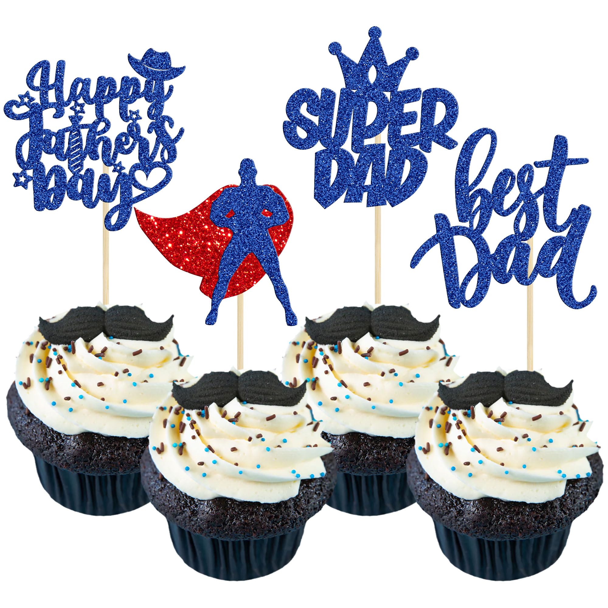 Gyufise 24Pcs Happy Father's Day Cupcake Toppers Blue Glitter Superhero Father Best Dad Super Dad Cupcake Picks for Happy Father's Day Theme Party Cake Decorations Supplies