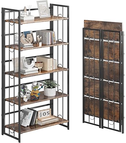 Foldable Metal Bookcase - No Assembly Retro Shelf, Floor Standing, Gold, 34x21x111cm, Holds 25 Lbs Per Shelf