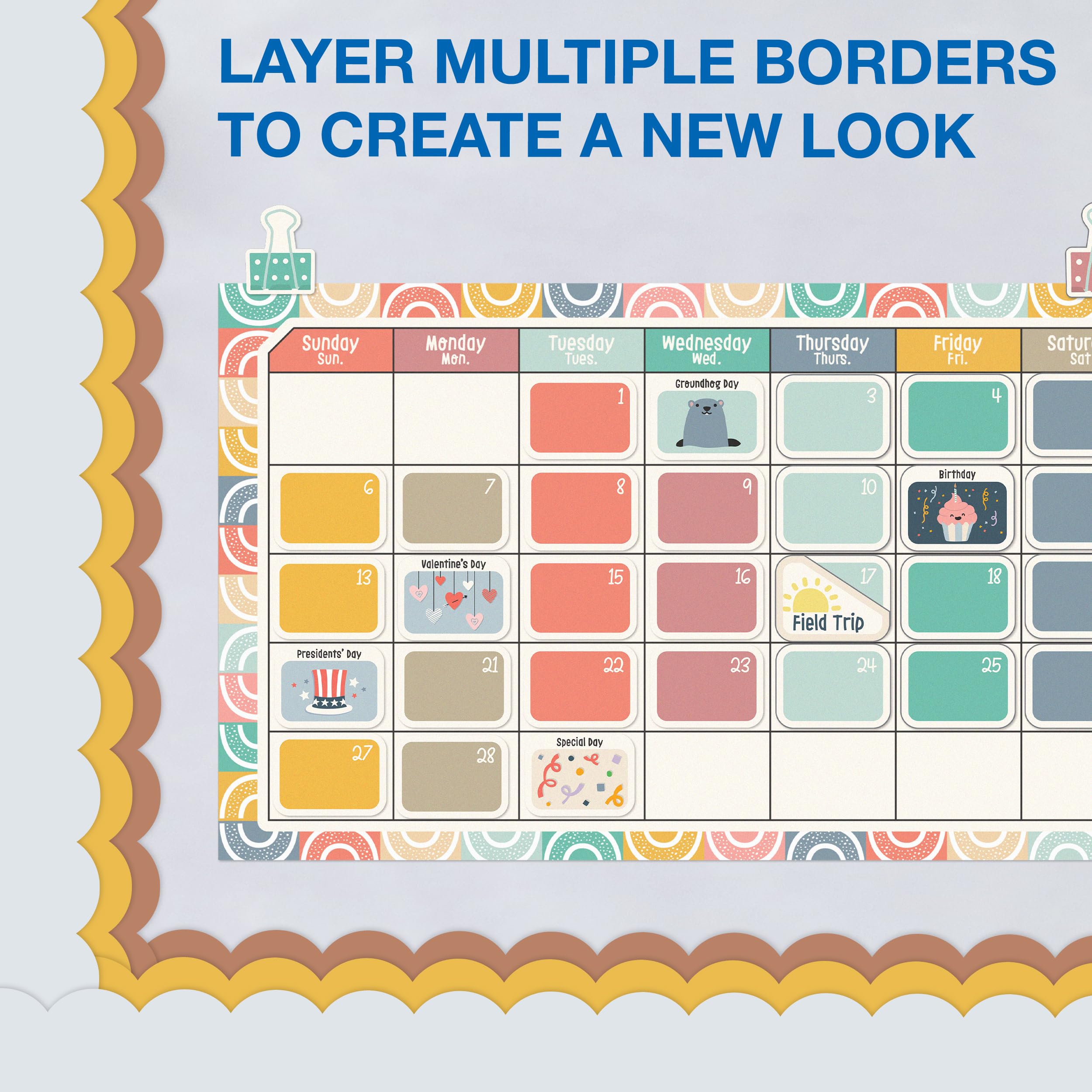 Carson Dellosa 65Ft of White Bulletin Board Borders, 1 Roll of Scalloped Trim for Rolling Whiteboard, Cork and Posterboard, Party, Office Decorations, and Classroom Decor