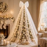 Cindeer Giant White Christmas Tree Bow Topper 9.8Ft Tulle Bow for Xmas Tree | Large Xmas Bow Tree Topper Christmas Bow with Long Fluffy Tulle for Tree, Mantels Holiday Party Decor, Wedding Car Birthday