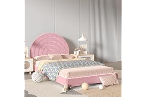 AFBKSS&BB Kids Twin Bed Frame, Suitable Teenager, Rainbow Headboard with Adjustable Height Head, Children's Home Sleeping Bed, Toddler Upholstered Twin Bed (Pink)