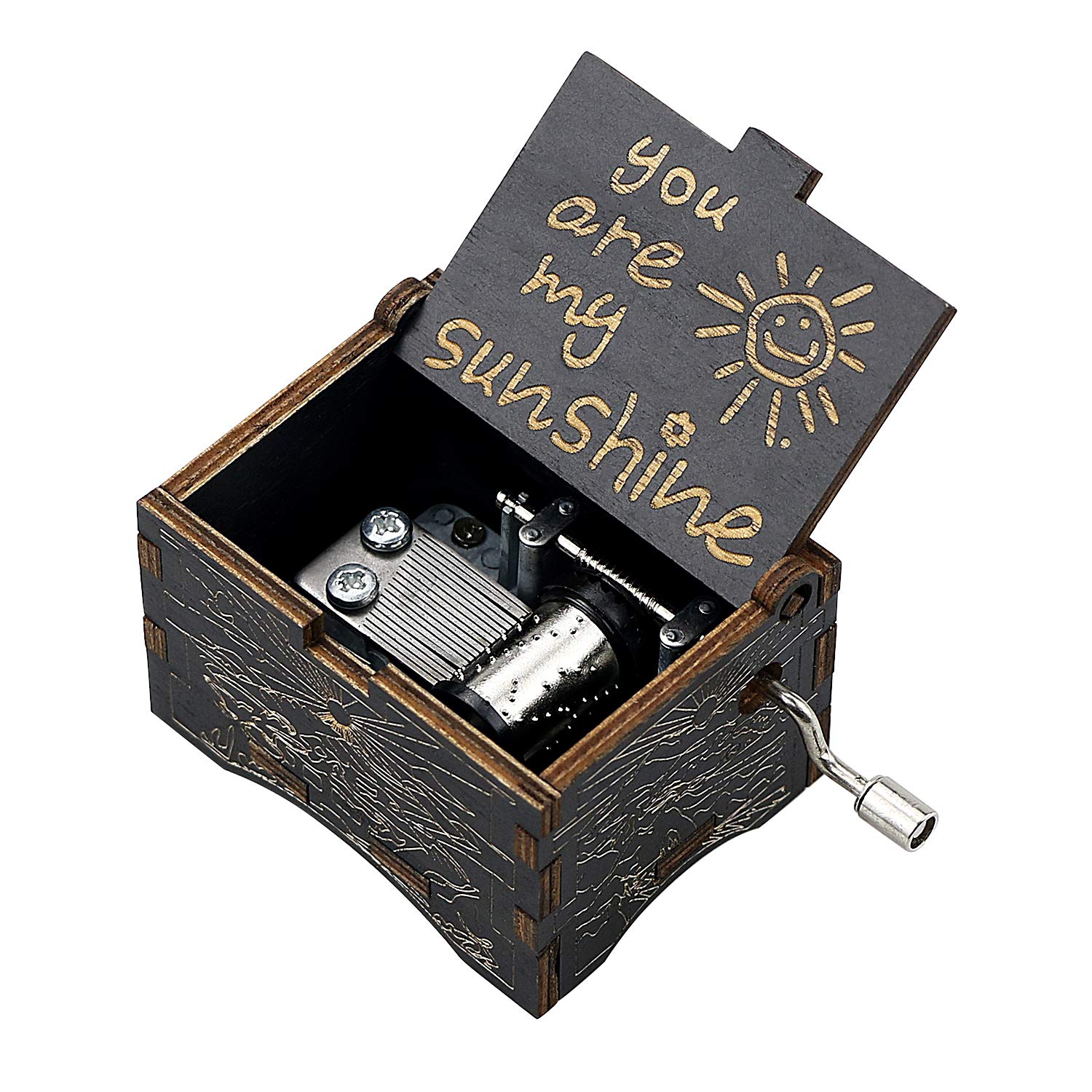uwows Vintage Wood Hand Crank Music Box You are My Sunshine Gift for Familier Lover Birthday/Christmas/Valentine's Day (Black-You are my SunShine)