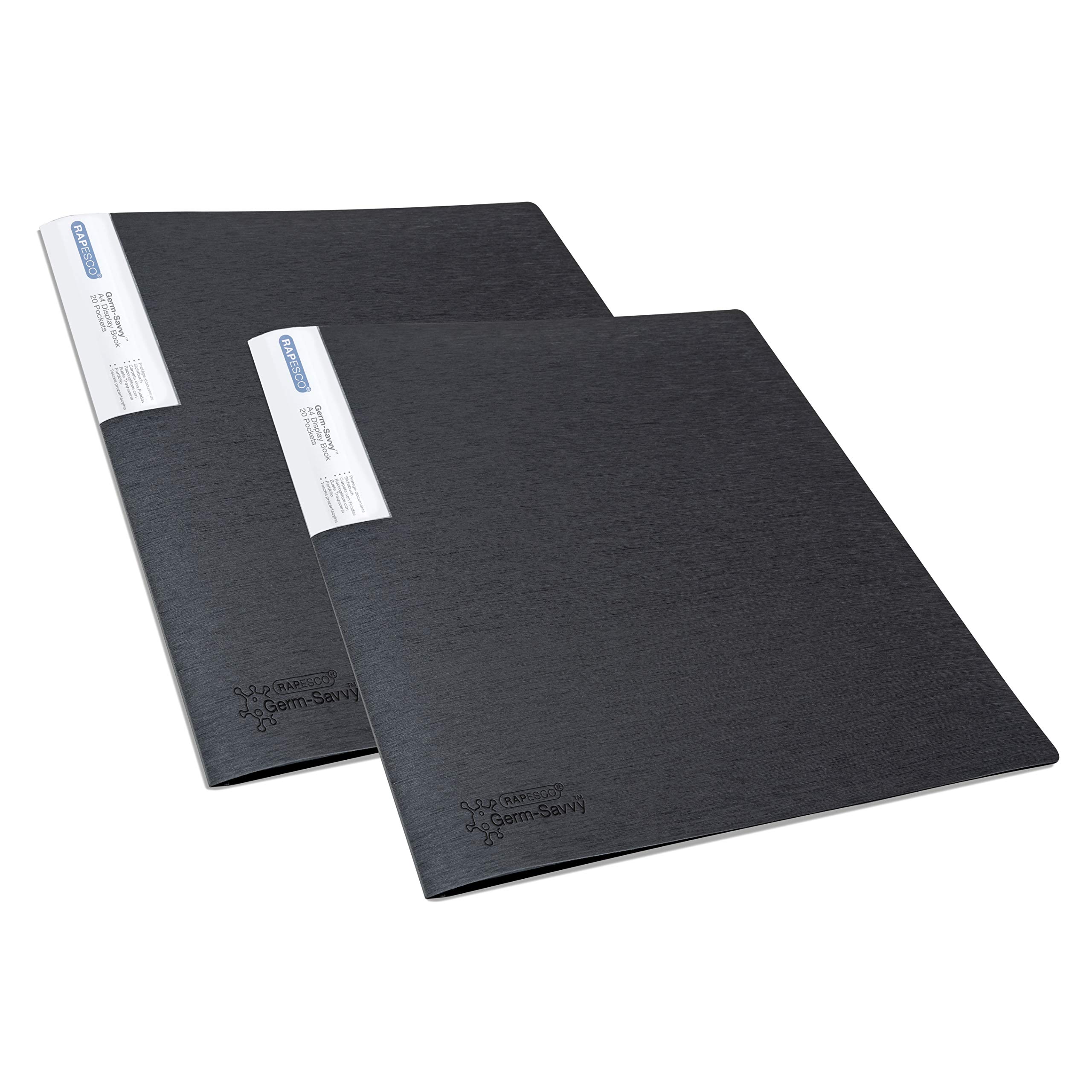 Rapesco 1643 Presentation Folder with Antibacterial Protection, 20 Pockets, A4, Black, Pack of 2