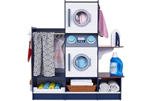 Lil' Jumbl Kids Washer and Dryer Playset, Wooden Children's Pretend Laundry Set, Includes Broom, Dustpan, Iron, Hangers & Basket, Realistic Laundry Room for Kids