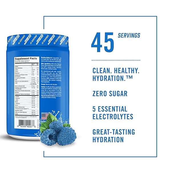 BIOSTEEL ZERO SUGAR HYDRATION MIX, GREAT TASTING HYDRATION WITH 5 ESSENTIAL ELECTROLYTES, BLUE RASPBERRY FLAVOR, 45 SERVINGS PER TUB