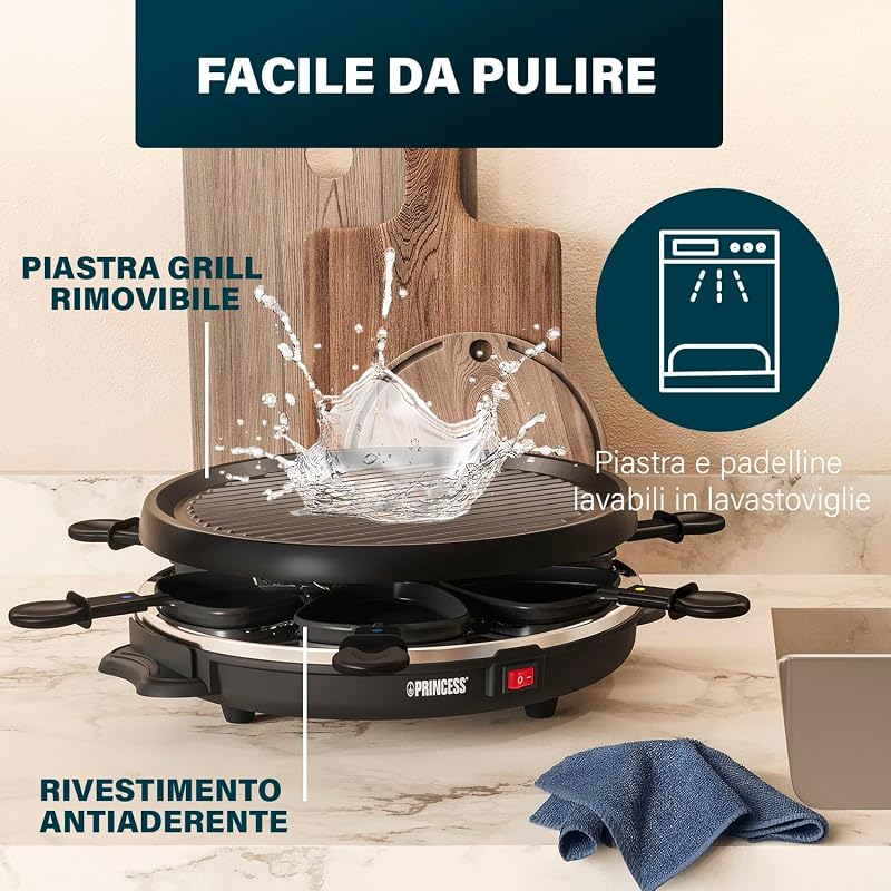 6 Party Grill raclette 162725, 800 W, 6 Persone, Forma rotonda intelligente, Nero