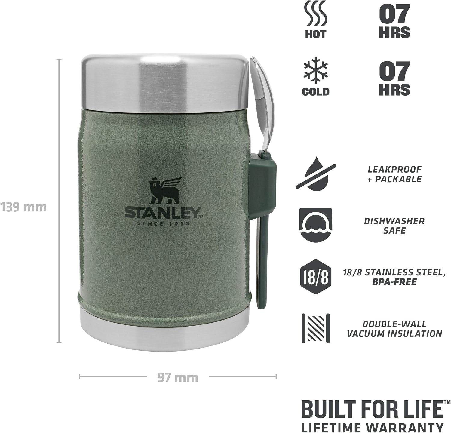 STANLEY 1913 Classic Legendary Food Jar 0.4L With Spork, Keeps Cold For 7 Hours, BPA-Free Stainless Steel Soup Flask - Image 4