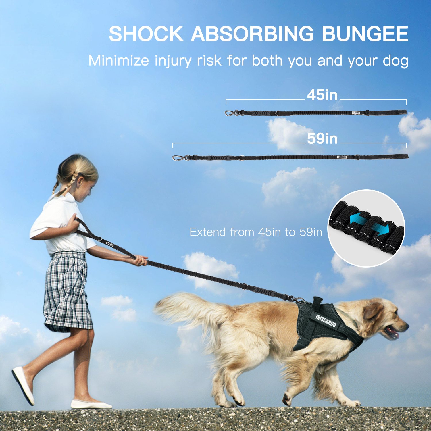 IrisCargo Hundeleine Hundeführleine 1,3m- 1,6m Einziehbare Führleine, Massiv und Verstellbar Hunde Leine, mit Reflexstreifen Rollleinen flexileine Schwarz, Geeignet für Alle Hunde, Max Last ca. 180kg