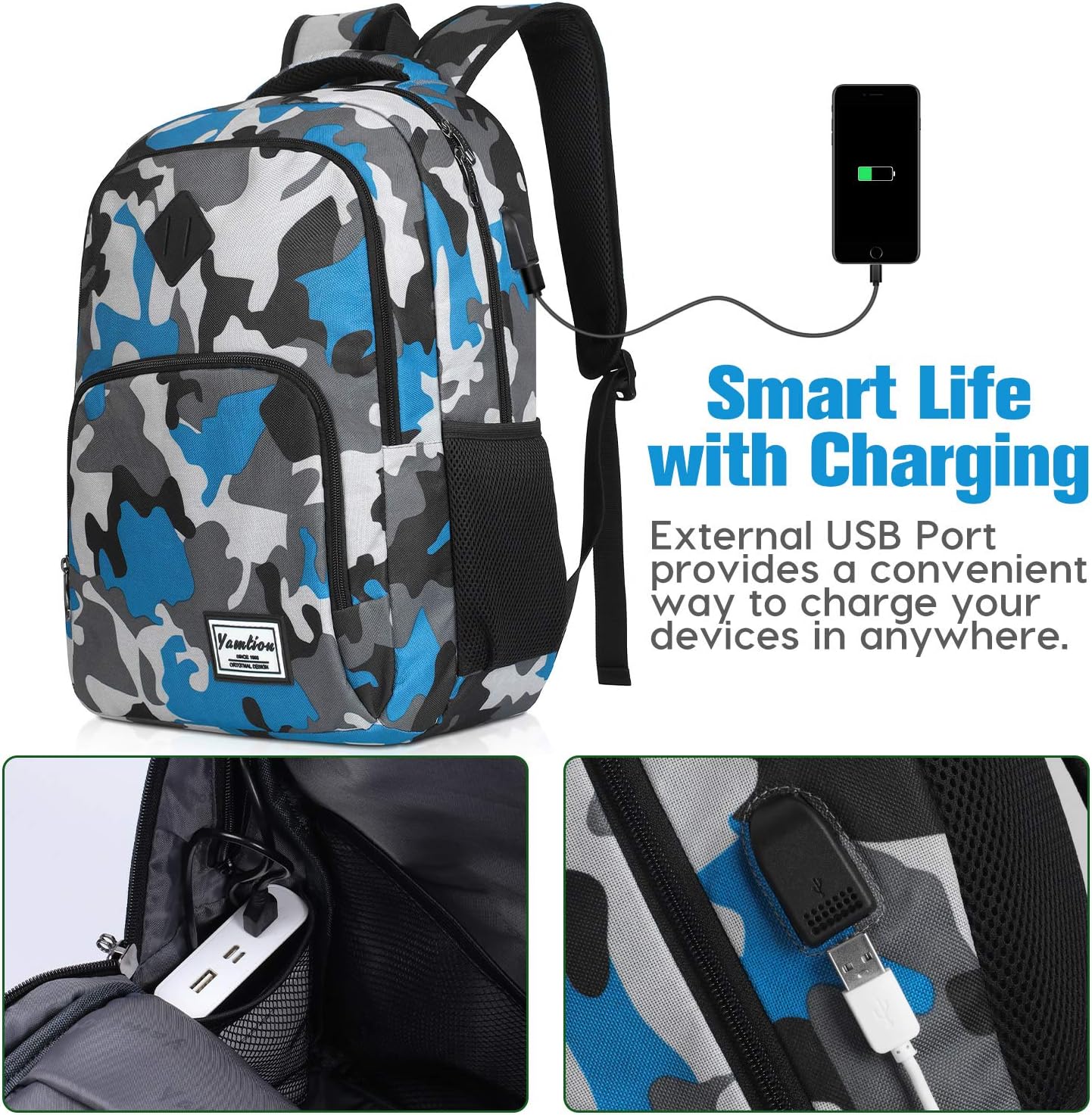 Laptop Backpack School Backpack Computer Backpack with Laptop Compartment and USB Charging Port (B6-Camouflage Blue, 15.6 inch) - Image 3