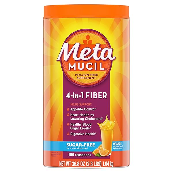 METAMUCIL 4 IN 1 DAILY FIBER SUPPLEMENT POWDER, FIBER POWDER FOR DIGESTIVE HEALTH AND REGULARITY*, SUGAR-FREE, ORANGE, NATURALLY SOURCED PSYLLIUM FIBER, 180 TEASPOONS