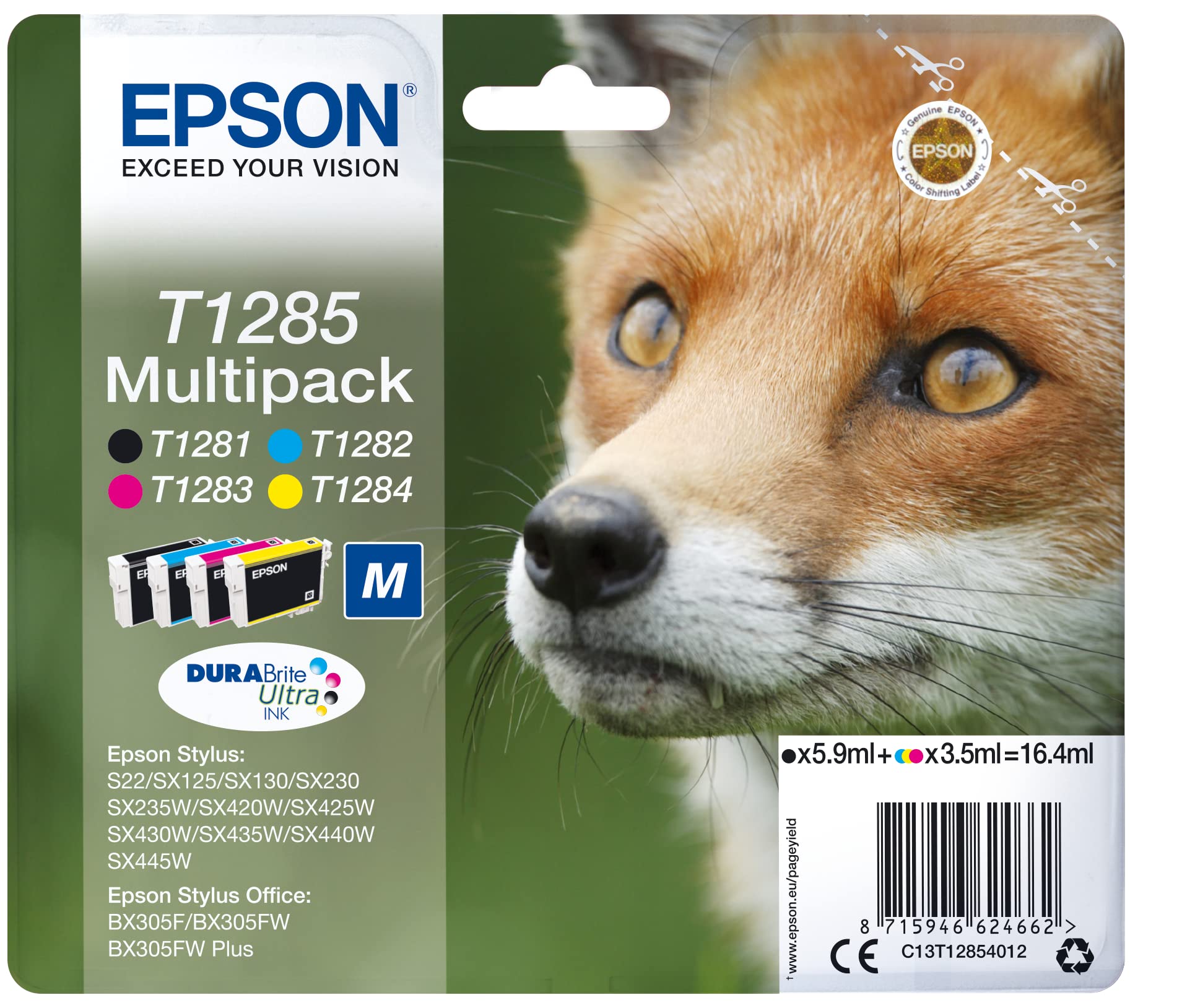 Epson T1285 Fox Genuine Multipack, 4-colours Ink Cartridges, DURABrite Ultra Ink,Black/Cyan/Magenta/Yellow