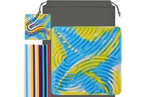 VZPEUN Silicone Sensory Activity Board, Fidget Toy for Calming, Stress, Anxiety, No Mess, Portable with Travel Bag & 20 Strings, Kids 7+ & Adults,Yellow+Blue