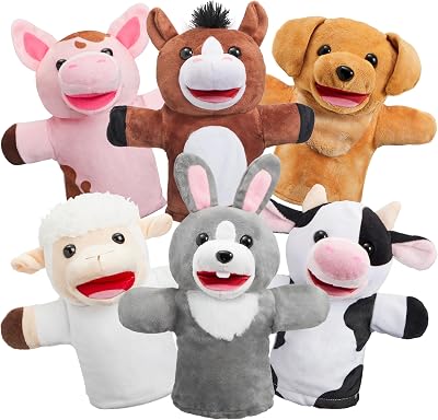 JOYIN 6-Piece Farm Animal Hand Puppet Set with Moving Mouth
