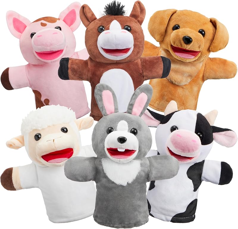 JOYIN 6-Piece Farm Animal Hand Puppet Set with Moving Mouth