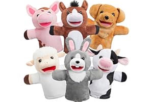 JOYIN 6Pcs Kids Hand Puppet Set with Working Mouth, Toddler Animal Plush Toy Includes Pig, Sheep, Dairy Cow, Dog, Goat, and H
