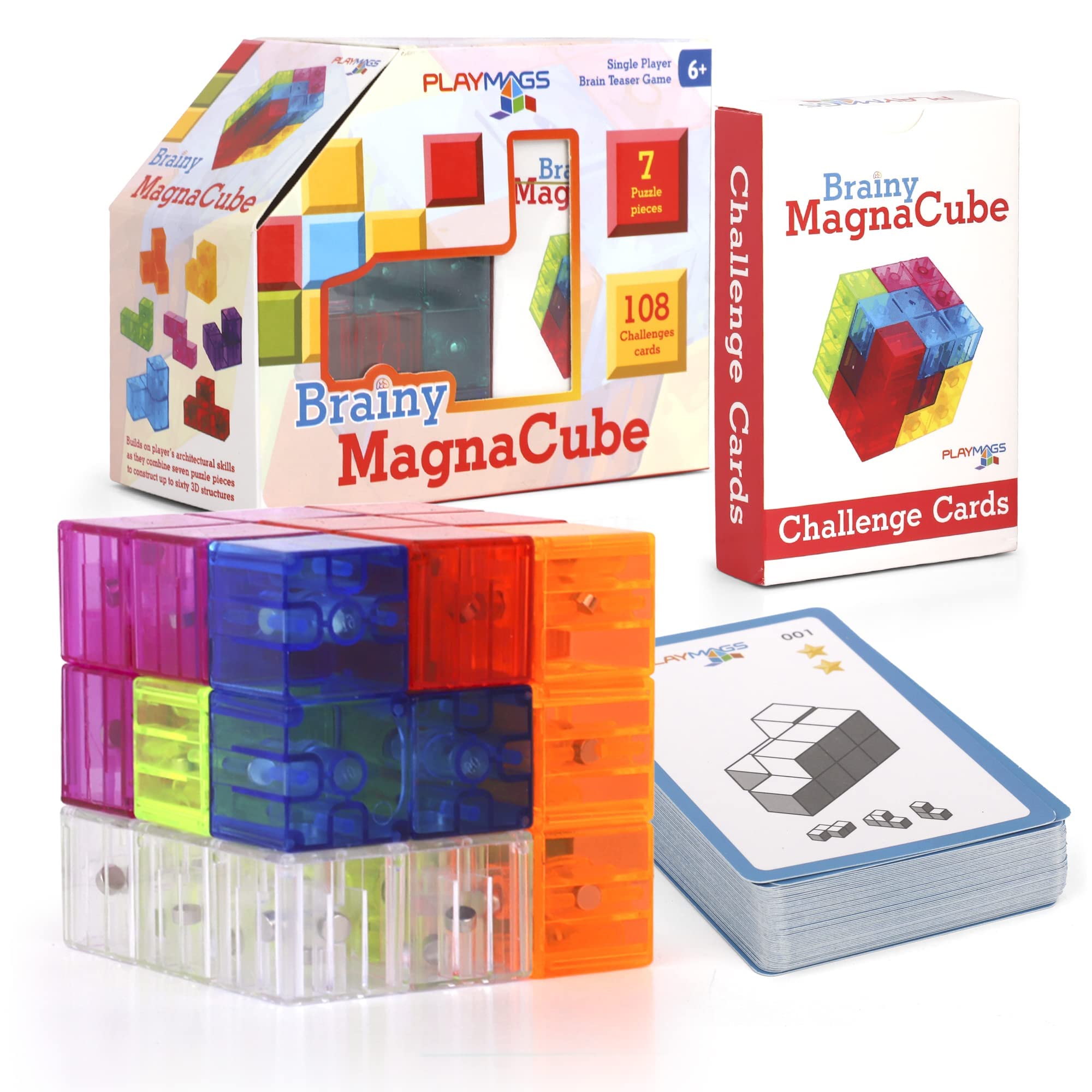 Playmags Brainy Cube with Brainy Cube Challenge Cards, Building Blocks for Creative Open-Ended Play, Educational Toys for Children Ages 3 Years +, 179