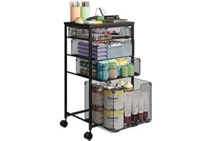 Sbanmao Rolling Storage Cart with Drawers, Utility Cart with Wooden Tabletop and Lockable Wheels Multifunctional Storage Organizer Craft Cart for Classroom, Bedroom, Bathroom, Office, Black