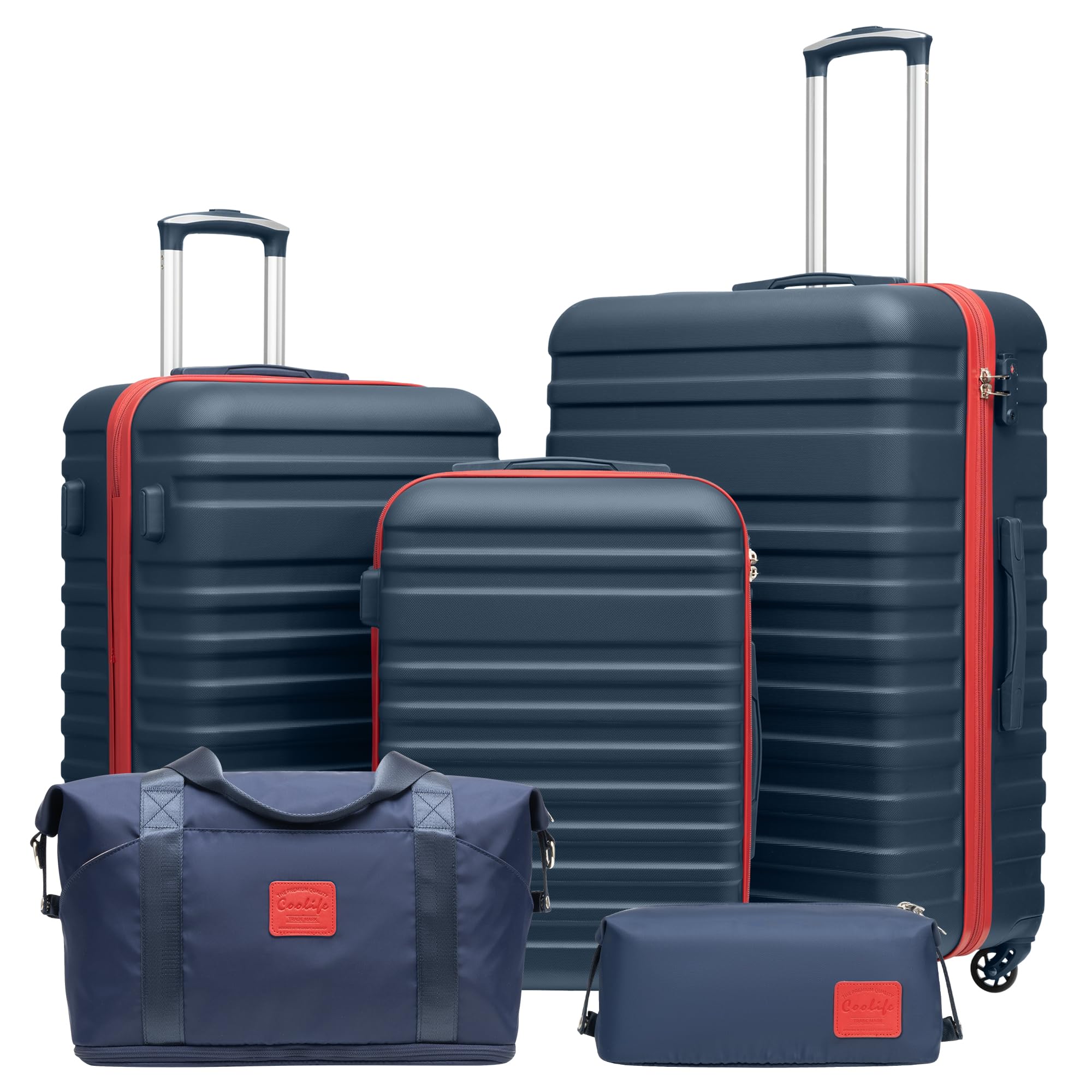 Coolife Suitcase Set 5 Piece Luggage Set Carry On Hardside Luggage with TSA Lock Spinner Wheels (Navy+Red, 5 piece set) Image