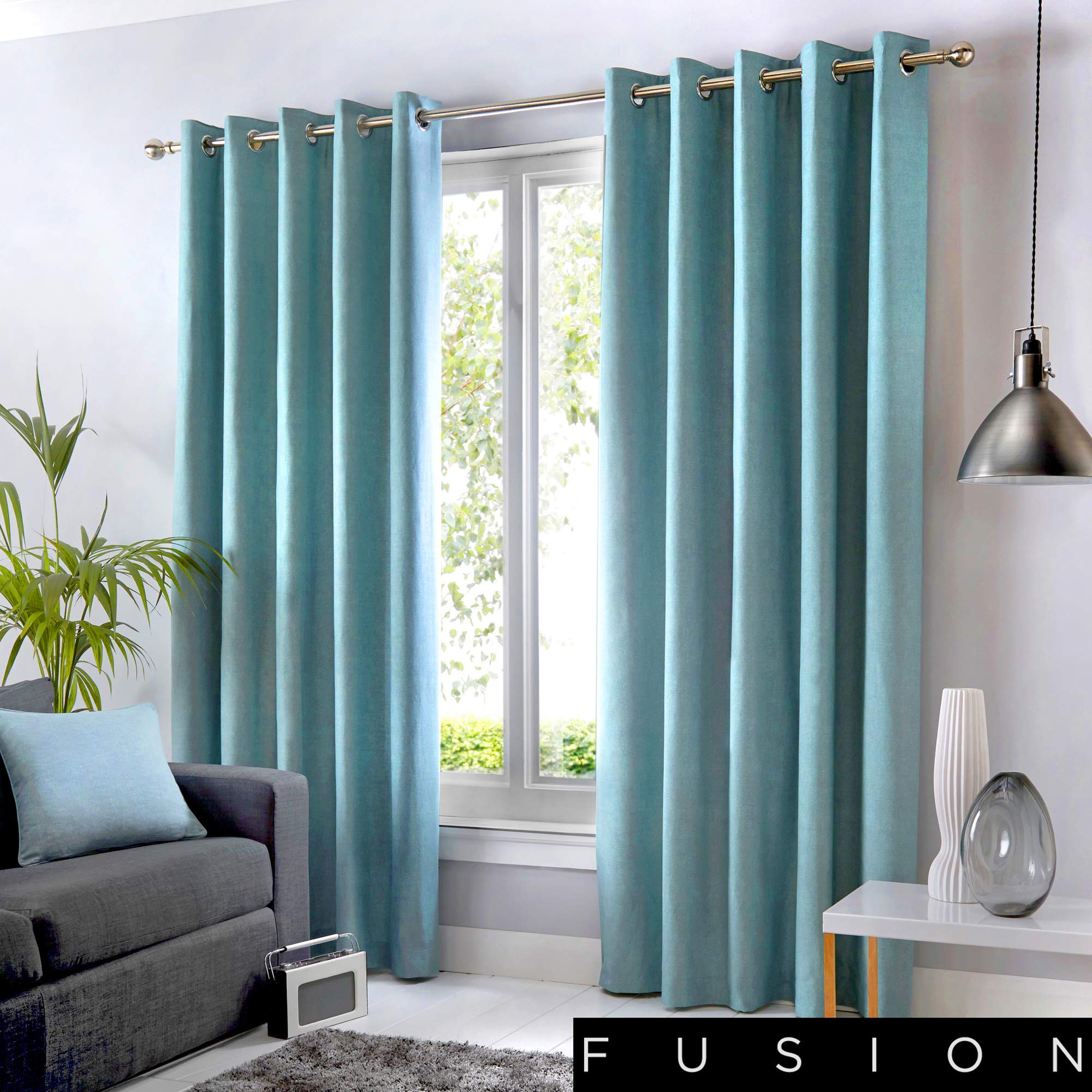 Fusion Duck Egg Blue Eyelet Curtains 90 x 72 Inches (229 x 183 cm) – 100% Cotton – 2 Panels – Thermal Drapes for Bedroom and Living Room – Plain Lined Door Curtains – Sorbonne Collection — image 1