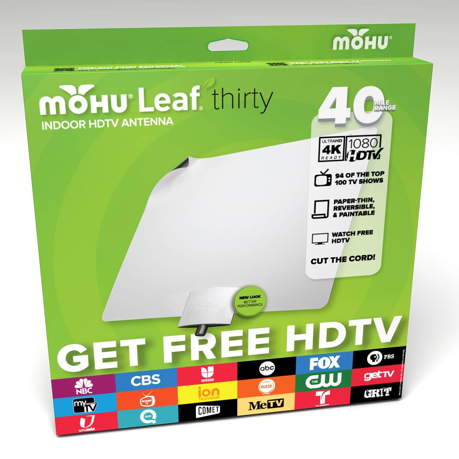 Mohu Leaf 30 Indoor HDTV Antenna, 40 Mile Range, Original Paper-thin, Reversible, Paintable, 4K-Ready, 10 Foot Detachable Cable, Premium Materials for Performance, USA Made, MH-110583