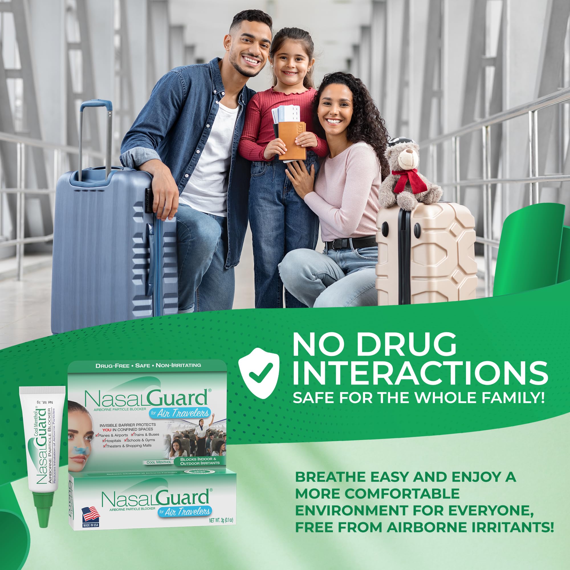 NasalGuard Airborne Particle Blocker Nasal Gel for Air Travelers - Drug-Free, Non-irritating, Non-drowsy, Airplane Travel Approved (Cool Menthol) - Over 150 Applications Per Tube (0.1 oz, Pack of 1)