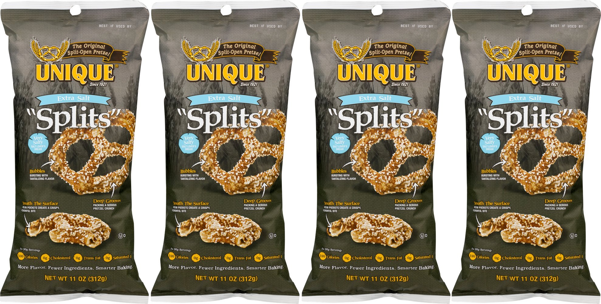 Unique Extra Dark Pretzel Splits, 11 Oz. Bag (Four 11 Oz. Bags) by