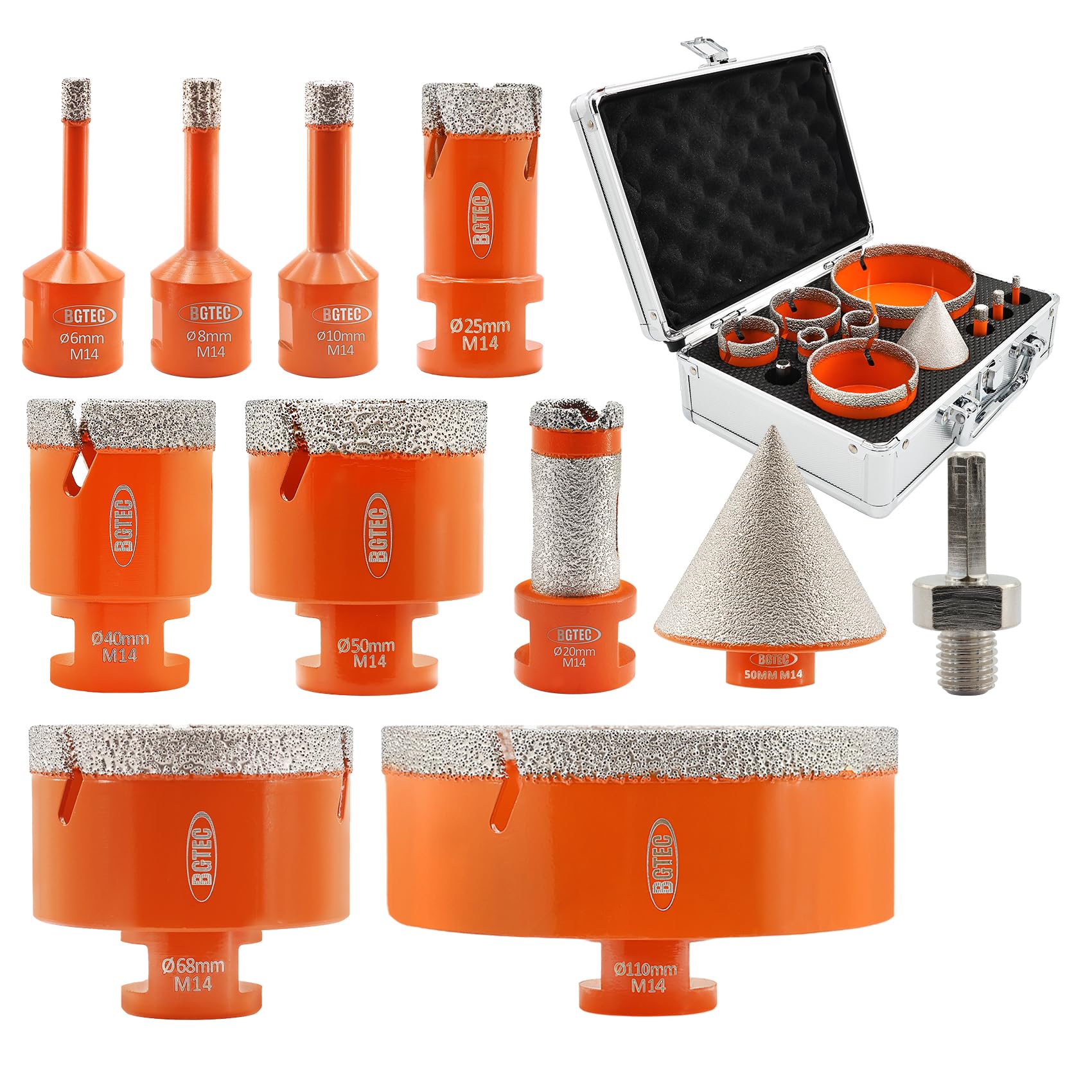 BGTEC Diamond Core Drill Bits Set - 6/8/10/25/40/50/68/110MM Diamond Hole Saw Kit & 20MM Finger Bit & 35MM Chamfer Bit for Porcelain Ceramic Tile Granite Marble Stone, Total 11PCS