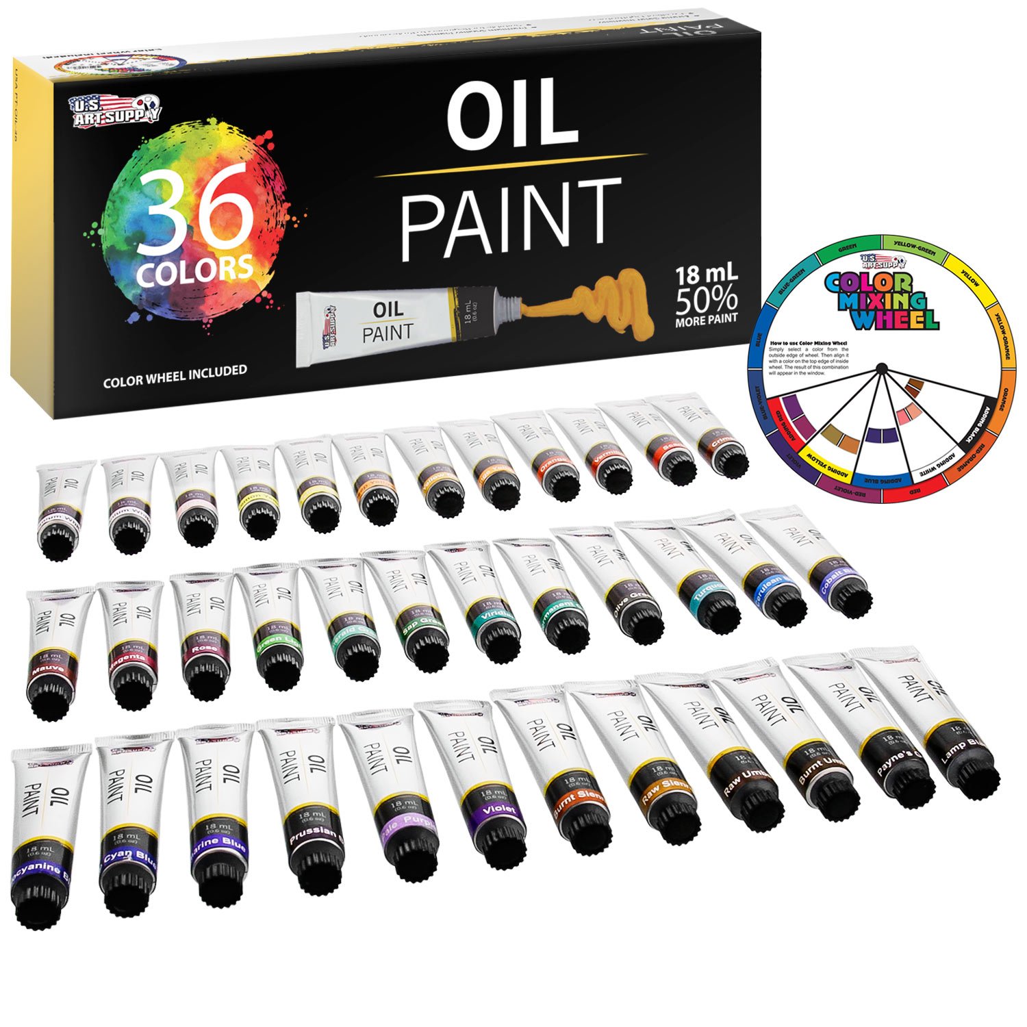 U.S. Art Supply 36 Color Oil Paint Set – 18ml Tubes With Vibrant Colors for Artists of All Levels – Blendable, Long-Lasting Paints With Smooth Consistency for Canvas, Wood, and Other Art Surfaces