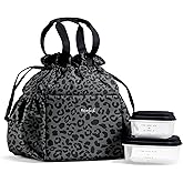 Fit & Fresh Cromwell Drawstring Lunch Bag for Women, Complete Lunch Set with 2 Containers, Stain-Resistant, Leak-Resistant, Back to School Essential, Teacher Lunchbox, Black Cheetah