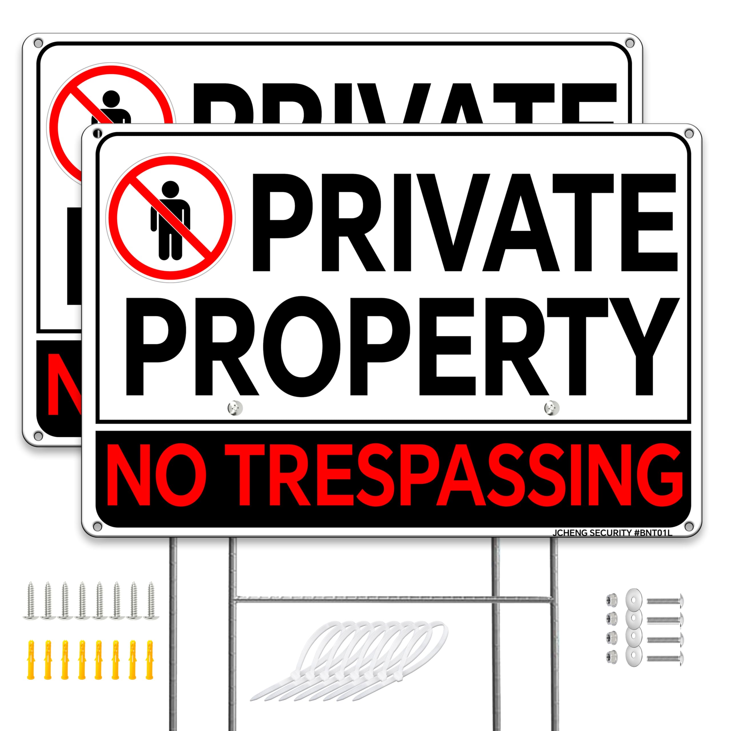 No Trespassing Aluminum Sign Private Property 8x12 Inch 2 Pack Keep Out Sign with Mounting Hardware and Metal Stake for Home Farm Yard Black