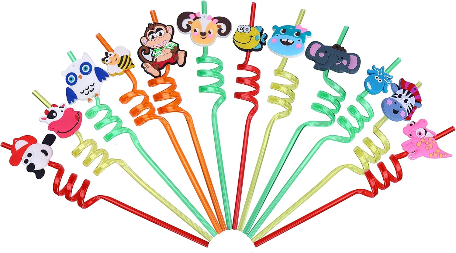 LOKIPA 12 Curly Animal Party Straws for Kids, Reusable Plastic Curly