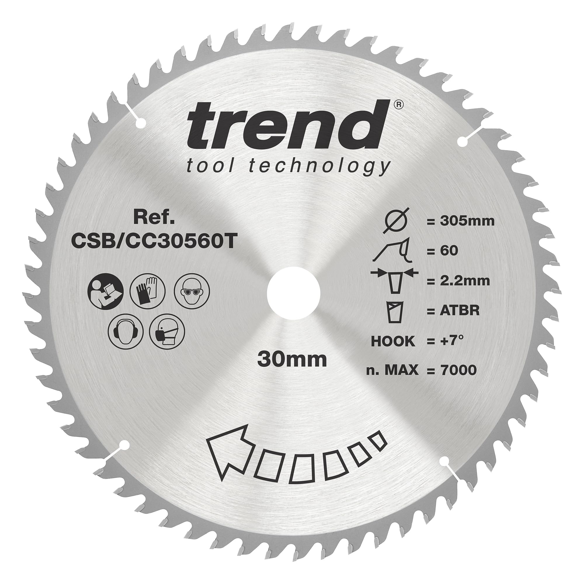 Trend Wood Cordless ATBR Mitre Saw Blade, 305mm Diameter, 30mm Bore, 60 Teeth, 2.2mm Kerf, +7° Hook, TCT, Fine Finish, CSB/CC30560T