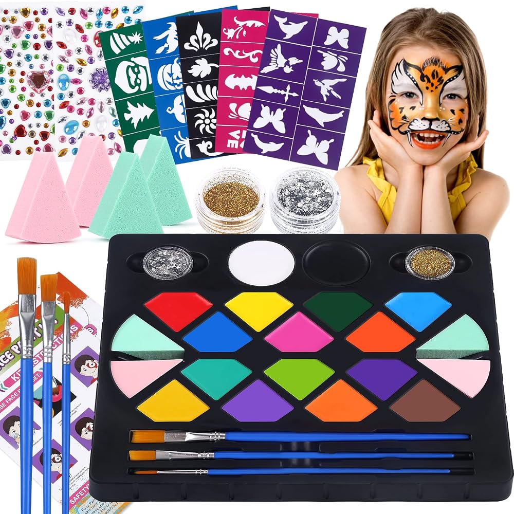 BOBISUKA Face Painting Kit 16 Colors Kids Body Paint Kit w/ Brushes Stencils