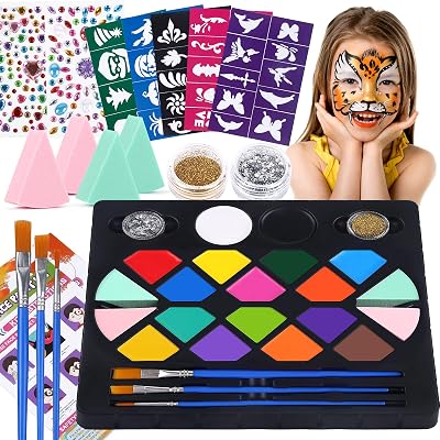 BOBISUKA Face Painting Kit 16 Colors Kids Body Paint Kit w/ Brushes Stencils